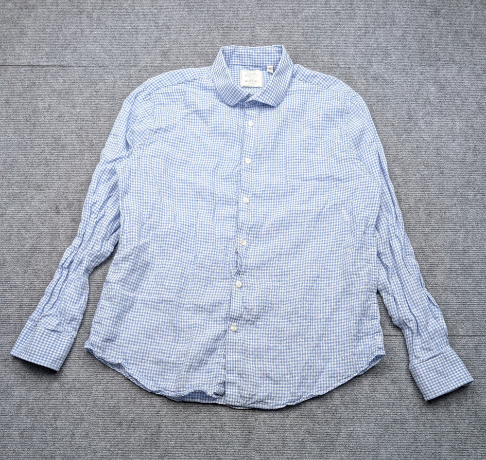 Murano Baird McNutt Button Up Shirt Mens XL Linen Blue Gingham Plaid Preppy Slim